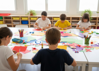 Niños vistos de espaldas haciendo manualidades con papeles y lápices de colores en un aula