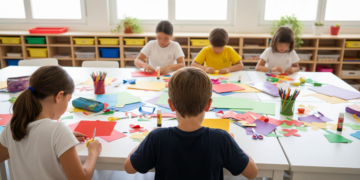 Niños vistos de espaldas haciendo manualidades con papeles y lápices de colores en un aula