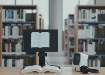 Telelupa electrónica y lector de textos con auriculares en una biblioteca