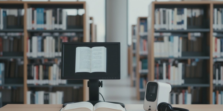 Telelupa electrónica y lector de textos con auriculares en una biblioteca