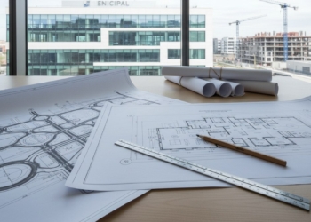 Planos de obra pública y materiales de planificación sobre una mesa