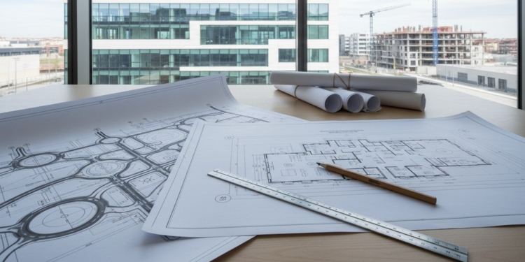 Guadalajara concentra 68 inversiones previstas para 2027 con nuevos centros educativos, sanitarios y actuaciones en el Corredor 1 Planos de obra pública y materiales de planificación sobre una mesa