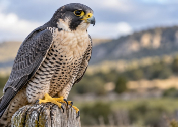 Halcón peregrino posado en un tronco en un paisaje natural desenfocado