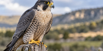 Halcón peregrino posado en un tronco en un paisaje natural desenfocado