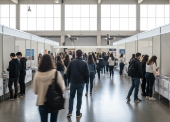 Feria de orientación académica y laboral con visitantes vistos desde atrás