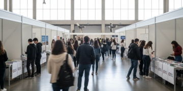 Feria de orientación académica y laboral con visitantes vistos desde atrás