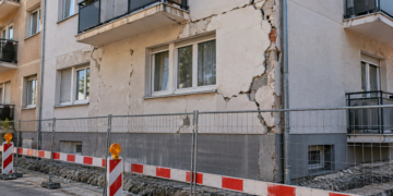 Fachada de un edificio de viviendas con grietas y vallas de obra, imagen genérica