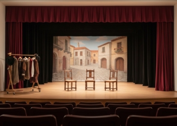 Escenario teatral vacío con elementos de una comedia española clásica