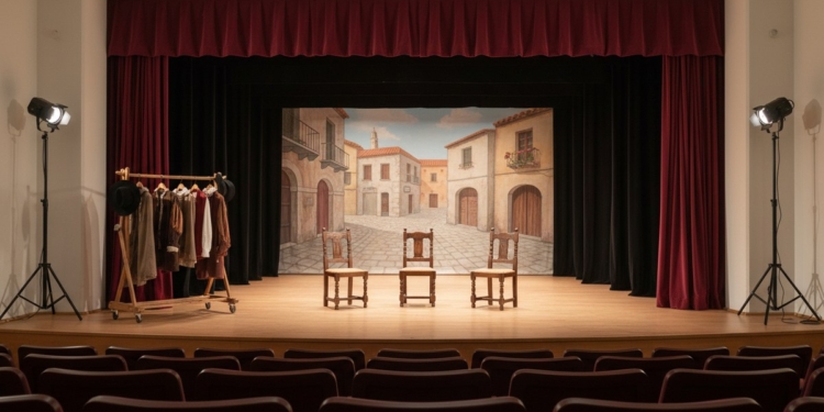 Torrejón cierra este domingo su programación teatral con Entre bobos anda el juego en el Teatro José María Rodero 1 Escenario teatral vacío con elementos de una comedia española clásica
