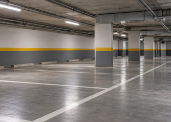 Plazas vacías de un aparcamiento subterráneo con iluminación artificial
