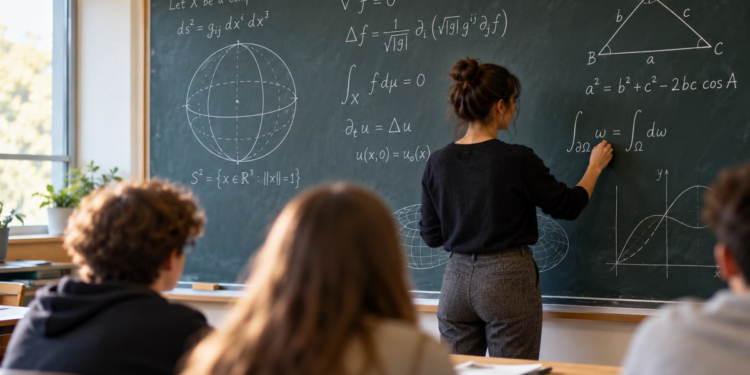Profesora de espaldas escribiendo fórmulas matemáticas en una pizarra frente a alumnos desenfocados