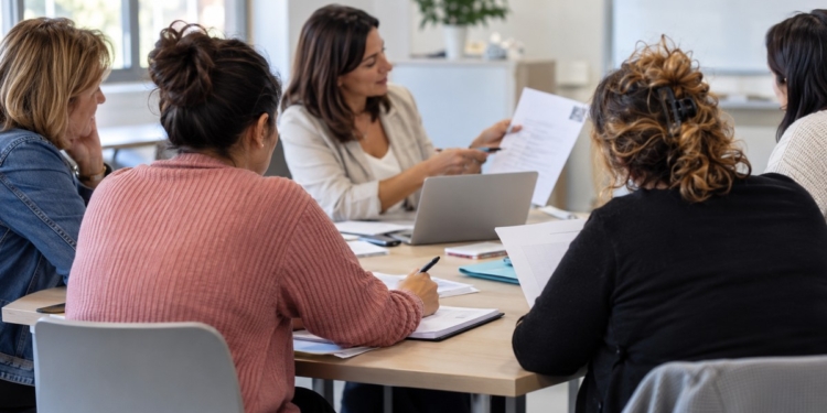 Grupo de mujeres participa en un taller de orientación laboral con una formadora y documentos sobre una mesa